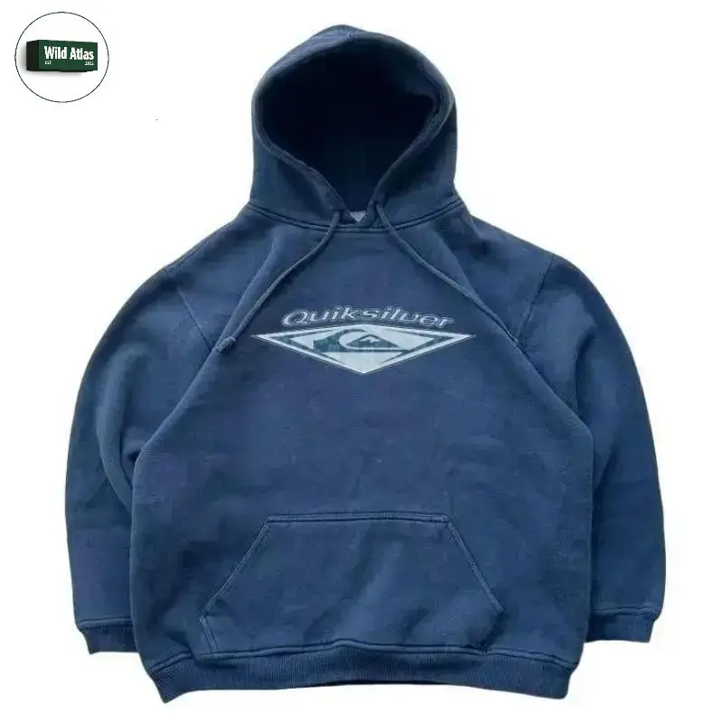 Vintage 90's QUIKSILVER Logo Faded Surf Hoodie for Billabong Navy Surf Casual Hoodie by Wild Atlas Apparel, USA-Made & Printed Apparel	