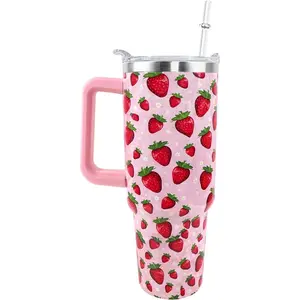 Strawberry Cup 40 OZ Tumbler with Handle and Straw Lid Leak Proof - Strawberry Travel Coffee Mug with Handle Insulated for Hot Cold Ice - Birthday Gifts for Women Stainless Steel Cup