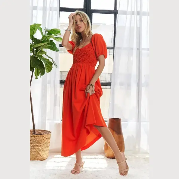 ADORA Popcorn Smocked Puff Sleeve Dress Basic Casual
