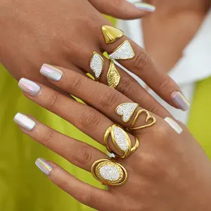 Stainless steel geometric zircon open ring for women, adjustable design, tarnish-resistant and durable, minimalist luxe style with sparkling detail, perfect for everyday wear, stacking, or elegant statement jewelry