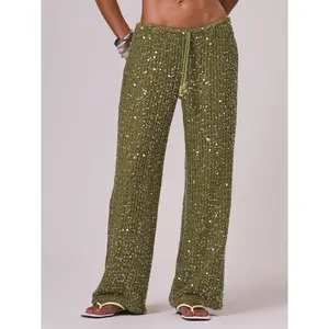 Women's Bohemian Style Beach Pants, Elegant Summer Sequined Fitted Long Trousers, Fashionable Holiday Wear, Ladies' Casual