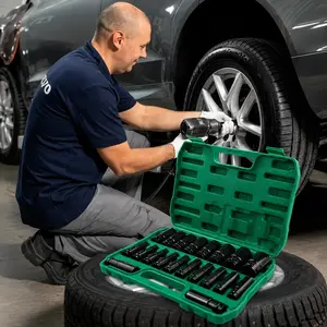 1/2 Inch Deep Impact Socket Set with Green Storage Case for Car Tire Removal and Mechanical Repairs, Suitable for Electric and Pneumatic Drills, Metric