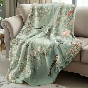 Grandmillennial Aesthetic Room Decor Vintage Flowers Birds Flannel Blanket Retro Floral Nature Pattern Elegant Gift Idea Soft Warm Cozy Nap Throw Plush Bedding Lightweight Wrap