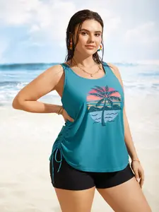 BLOOMCHIC Island Print Drawstring Adjustable Swim Top Tankini set top Swimsuit Tankini Outfit Tankini Swimdress for Women in Teal Color Loose Fit High Stretch Material Perfect for Summer Beach Vacation