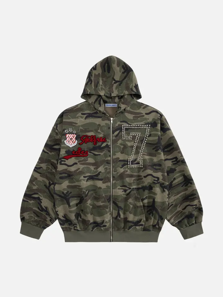 Aelfric Eden Unisex Camo Zip Hoodie Embroidered Pattern 77  Loose Street Style Y2K Oversized Sweatshirt