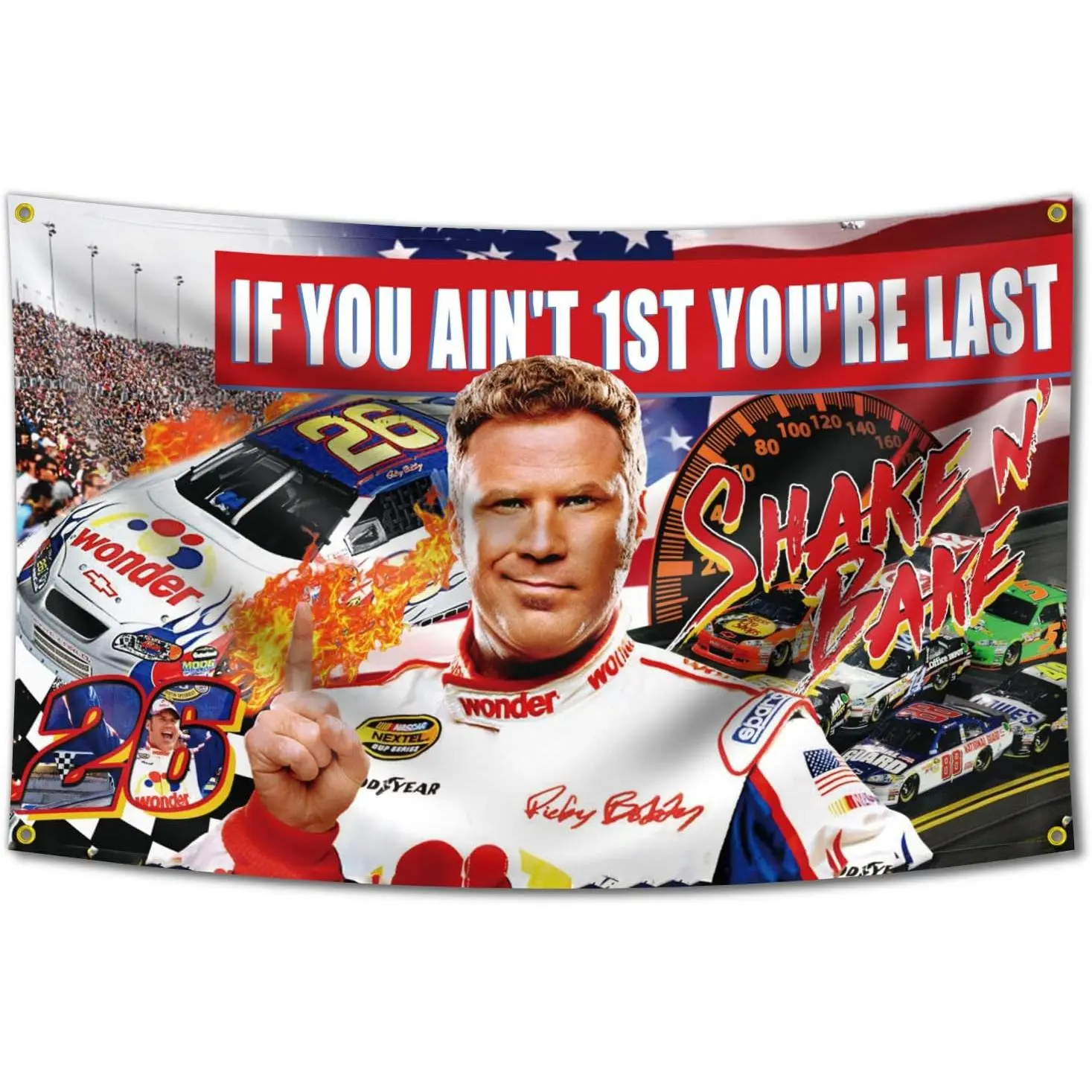 Water-Resistant Talladega Nights Ricky Bobby Tapestry  - "If You Ain't 1st You're Last" Funny Decor, Durable Grommeted Banner for Man Cave, Cool Aesthetic Room Decor, Home Supplies