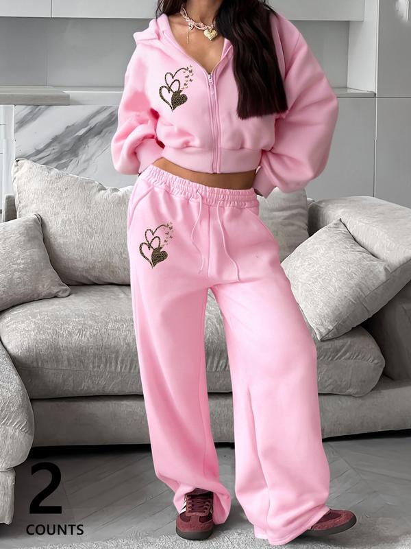 Women's Pink Autumn and Winter Short Sweatshirt and Loose Straight Pants Set, Casual and Fashionable Hooded Long-sleeved Sweatshirt and Sweatpants, Suitable for Daily Outdoor Wear, Comfortable Daily Wear