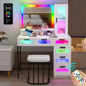 Vlsrka LED Vanity, Makeup Vanity with RGB Lights and 6 Drawers, Makeup Desk with USB/Wireless Charging, Dressing Table with Shelves/Cabins/Stool. Storage