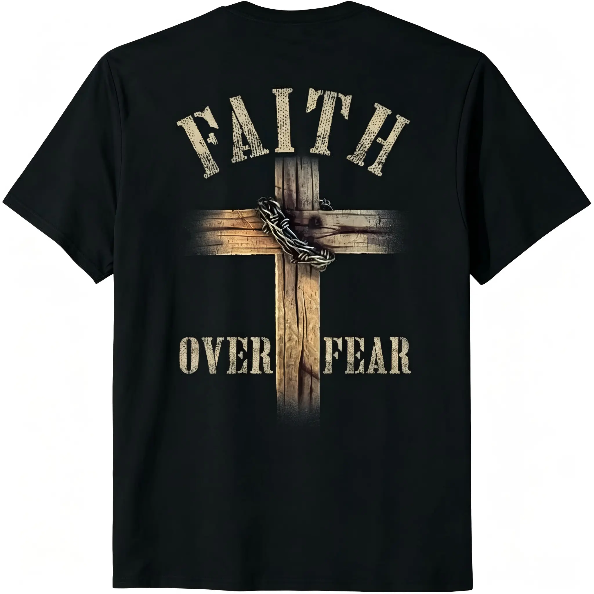 Faith Over Fear Cotton Short Sleeve T Shirt Featuring Christian Cross and Jesus
