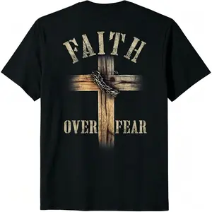 Faith Over Fear Cotton Short Sleeve T Shirt Featuring Christian Cross and Jesus