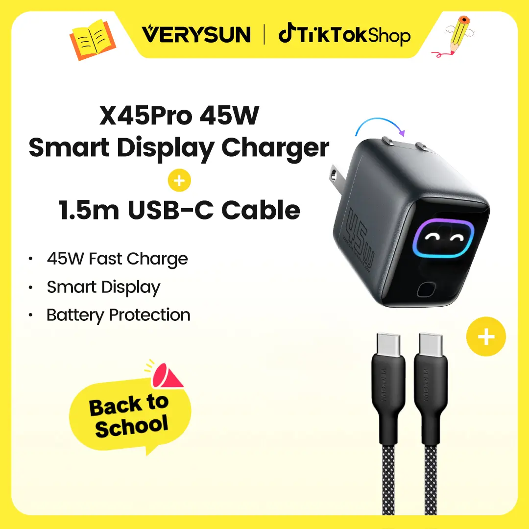Verysun Smart Display Charger 45W Fast Charging with LED Display, 5ft USB-C Cable Included, Switchable Charging Modes for Battery Health, Detect Your Device, Compact Foldable Plug, Emoji Animation, for iPhone, iPad, MacBook, Back to school