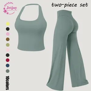 Jetjoy Workout Sets for Women 2 Piece,Backless Sports Bras Halter Top(non-padded) Wide Leg Pants Sets Gym Yoga Work Out Clothes, Matching Wide Leg Pants Sets athleisure Fitness & Casual Wear Yoga Outfits Gym Tracksuit summeroutfit