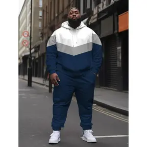 2pcs Men's Plus Size Casual Hoodie Tracksuit, Color Block Hooded Sweatshirt & Pant Set