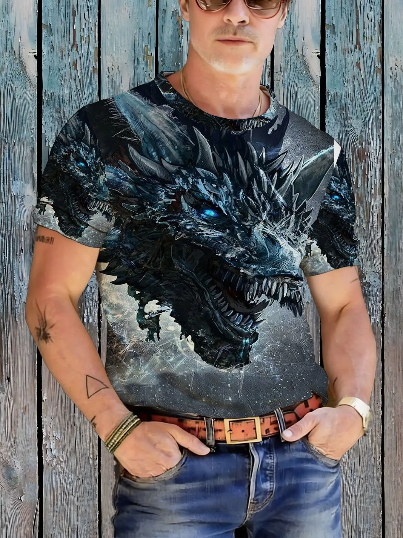 Men's 3D Frozen Dragon Print T-Shirt - Breathable Lightweight Polyester Round Neck Short Sleeve Casual Top with Dragon-Themed Suitable for Daily Wear, Outdoor Activities & Dragon Costume Outfits, PLUS SIZE