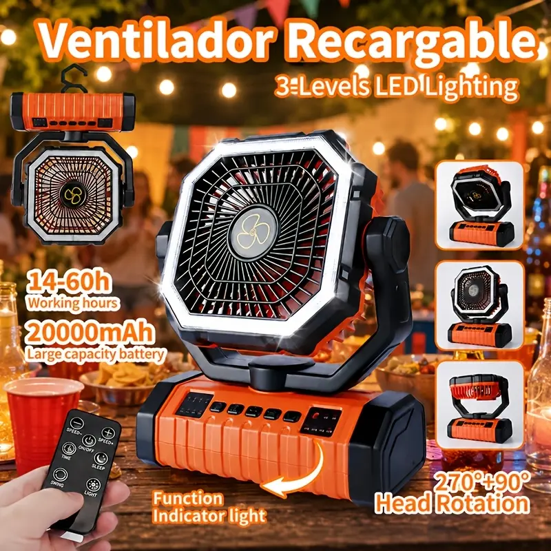 YOOMUE 20,000mAh Portable LED Camping Fan with Built-in Lighting, Rechargeable Fan for Tents, Hiking, and Fishing - Durable Compact Design, Green and Orange, Essential for Hiking, Sturdy Handle Design, Camping Gear