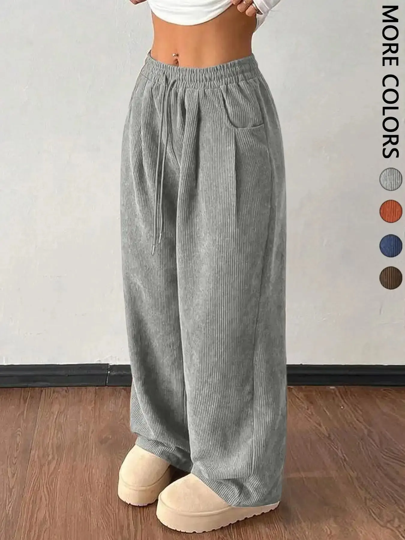 Women's Versatile Vintage Casual Comfy Pocket Pants, Textured Ribbed Velvet Loose Fit Woven Chic Trousers, Fall Winter Street Fashion, American Retro Style, Bottoms, Womenswear, tailored comfort, sleek line