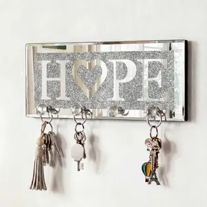 Mirrored HOPE Key Holder with Crystal Hooks Sparkly Silver Mirror Wall Decor
