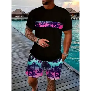 Breathable polyester summer set — men’s casual coconut palm print T-shirt and shorts, machine washable tropical crewneck stretch suit with short sleeves