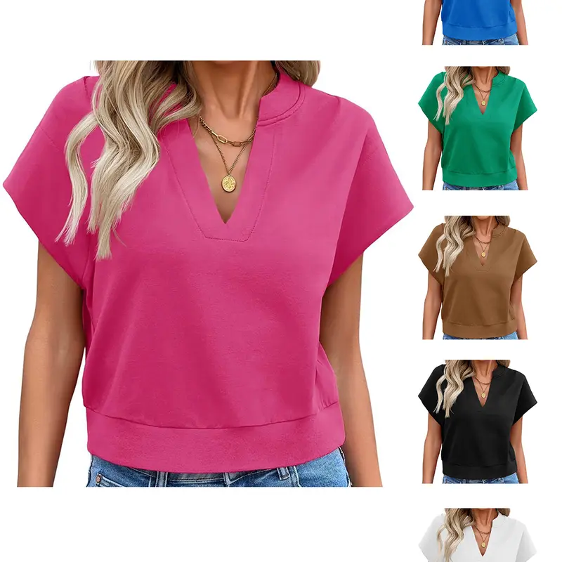 FISOEW Women's Cropped V-Neck Top, Casual Summer Breathable Loose Fit Cap Sleeve T-Shirt for Everyday Workout Active Wear, Soft Comfortable Tee