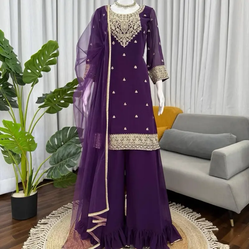 Indigo Georgette Sarara Set, Affordable Women's Ethnic Wear for Weddings, Casual Gatherings