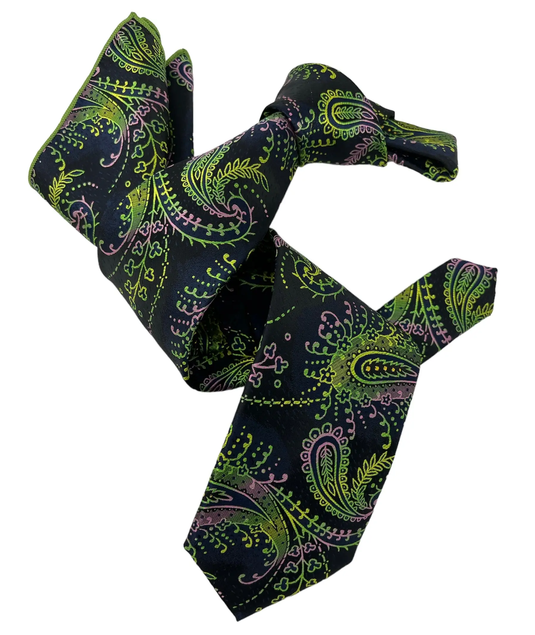 DMITRY 7-Fold Men's Black Patterned Italian Silk Tie & Pocket Square Set