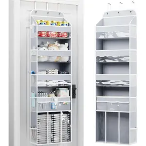 Over the Door Organizer for Nursery, 5-Tier Baby Clothes Organizer with Removable, Behind Door with Clear Pockets and Side Mesh Compartments, Grey