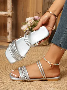 Double Strap Square Toe Slippers, Rhinestone Design Flip Flops, Summer Versatile Outdoor Flat Sandals, Casual Textile Rubber Sole