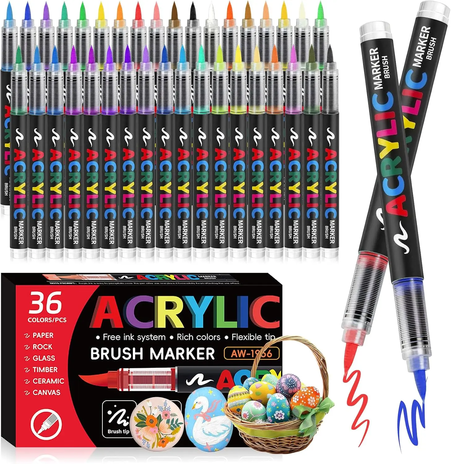 36-Color Acrylic Paint Markers, Soft Brush Tip Pens and Markers, Acrylic Paint Pens for Wood, Stone, Canvas, Glass, Fabric, Egg, Rock Painting and DIY Crafts Art Supplies