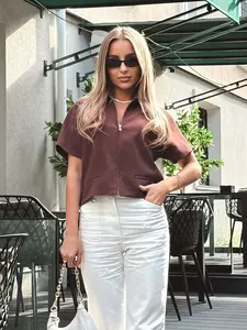 Women's Jackets Summer Cropped Zip - Up Collared Short-Sleeved Fitted Jacket Streetwear Yellow Burgundy Black White Women's Casual Short Coats Tops