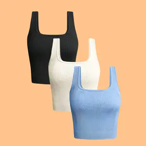 Summer Outfits - Women's 3 Pack Ribbed Crop Tank Tops | Seamless Sleeveless Square Neck Workout Shirts | 2 Piece Sets for Yoga, Gym & Beach