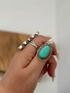 Oval Turquoise Ruffle Ring - Sterling Silver - Native Handmade - Jameson Garcia (Artist) - Size Adjustable