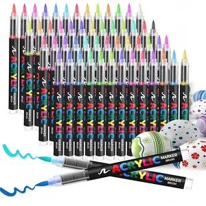 Acrylic Paint Marker Pen, 1 Set 24/36/48 Colors Soft Brush Tip Acrylic Paint Marker, Quick-drying Waterproof Acrylic Marker for Canvas, Rock Painting, Wood, DIY Crafts, Art Supplies, Acrylic Markers Set