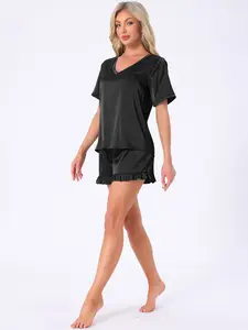 INSPIRE CHIC Women's Loungewear Short Sleeve Shorts Set V Neck Lounge Set Frill Elastic Waist Pajama Set