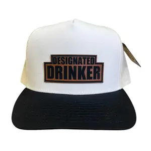 Designated Drinker, Funny Trucker Hat - Two-Tone Leather Patch Design with Personalized Engraved Patch, Mesh Back for Breathability, Two-Tone Snap Back Fit