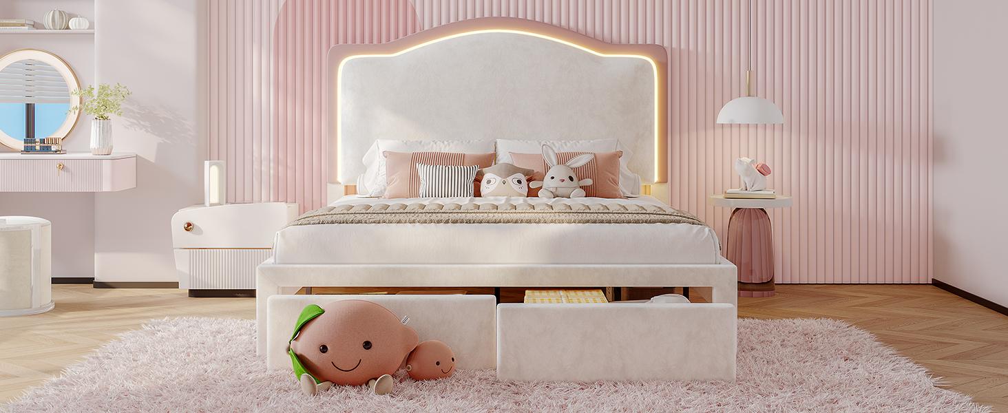 AMERLIFE LED Bed Frame with 2 Storage Drawers, Upholstered Platform Bed with Adjustable Headboard, No Box Spring Needed, Easy Assembly Unique Bedroom Furniture/Best Gift Ideas/Christmas Gifts