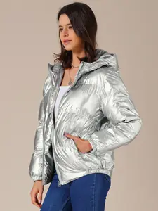 INSPIRE CHIC Women's Metallic Coats Winter Holographic Shiny Party Puffer Jacket with Hood