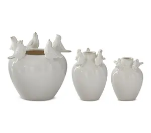 RC Home Decor-Elegant Cream Ceramic Vase Set w/Bird on the Rim