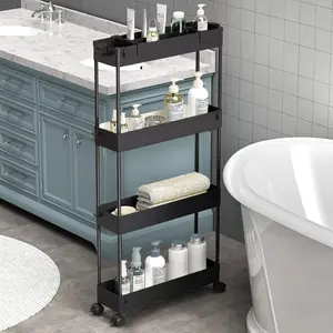 [New Deal] Slim Storage Cart 4 Tier Bathroom Organizer - Rolling Utility, Mobile Slide Out for Office, Kitchen, Laundry Room & Narrow Places, Black Racks, Adjustable, Rotatable