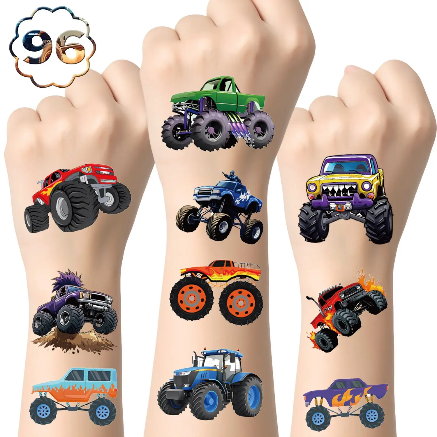 96 Monster Truck Racing Temporary Tattoos for Kids, Arm Temporary Tattoos, Painless Tattoos, Super Cute Birthday Party Favors, Decorations, Fake Tattoo Stickers Sheet, Boy Girl Rewards, Ephemeral Tattoos