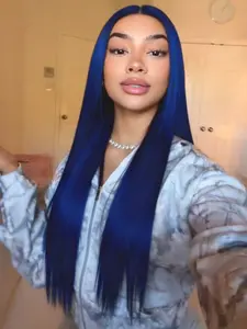 Blue 13x4 Lace Front Wigs Pre-Plucked Hairline Synthetic Wig HD Transparent Lace Frontal Wigs Blue Concert Look Straight Wig Coachella Festival Look for Women Cosplay Stage 28 Inch