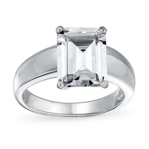 Classic 3CT CZ Solitaire Rectangle Emerald Cut Engagement Ring .925 Sterling Silver Wide Band