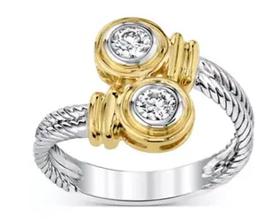 Bypass cable bezel set Ring - Two Tone Silver - CZs - Size 7