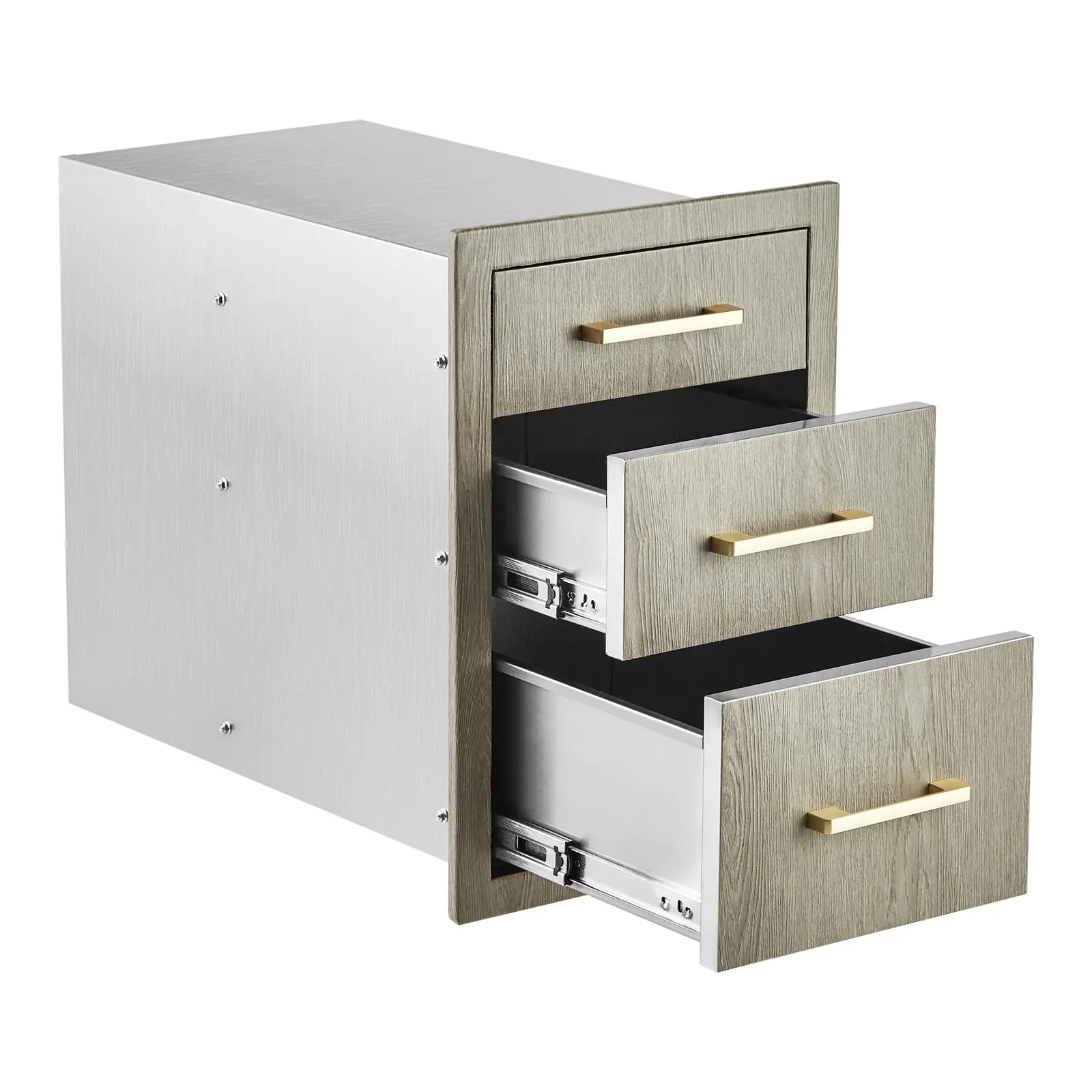 Garvee Stainless Steel Outdoor Kitchen Triple Drawers in 14"W x 20.3"D x 23"H and 18"W x 23"D x 23"H sizes, heavy duty with handles, weather-resistant flush mount for BBQ islands and patio grills