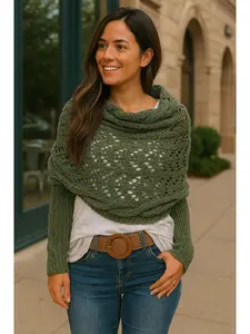 Blackish Green Cross Detail Hollowed Knit Scarf with Long Batwing Sleeves for Winter Casual Fashion