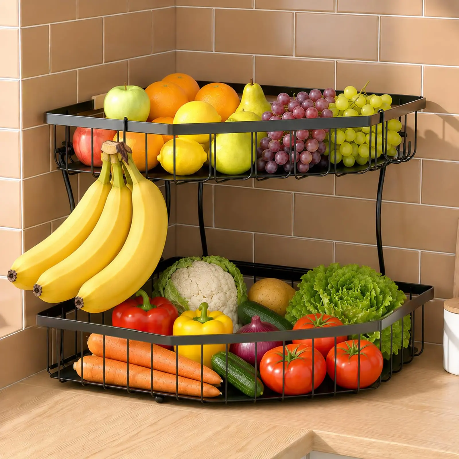 2 Tier Fruit Basket for Kitchen Counter with 2 Banana Hangers for Corner, Detachable Metal Fruit Bowl with Wooden Handle, Large Capacity Fruit Stand for Bread Fruit and Vegetable Storage, Black