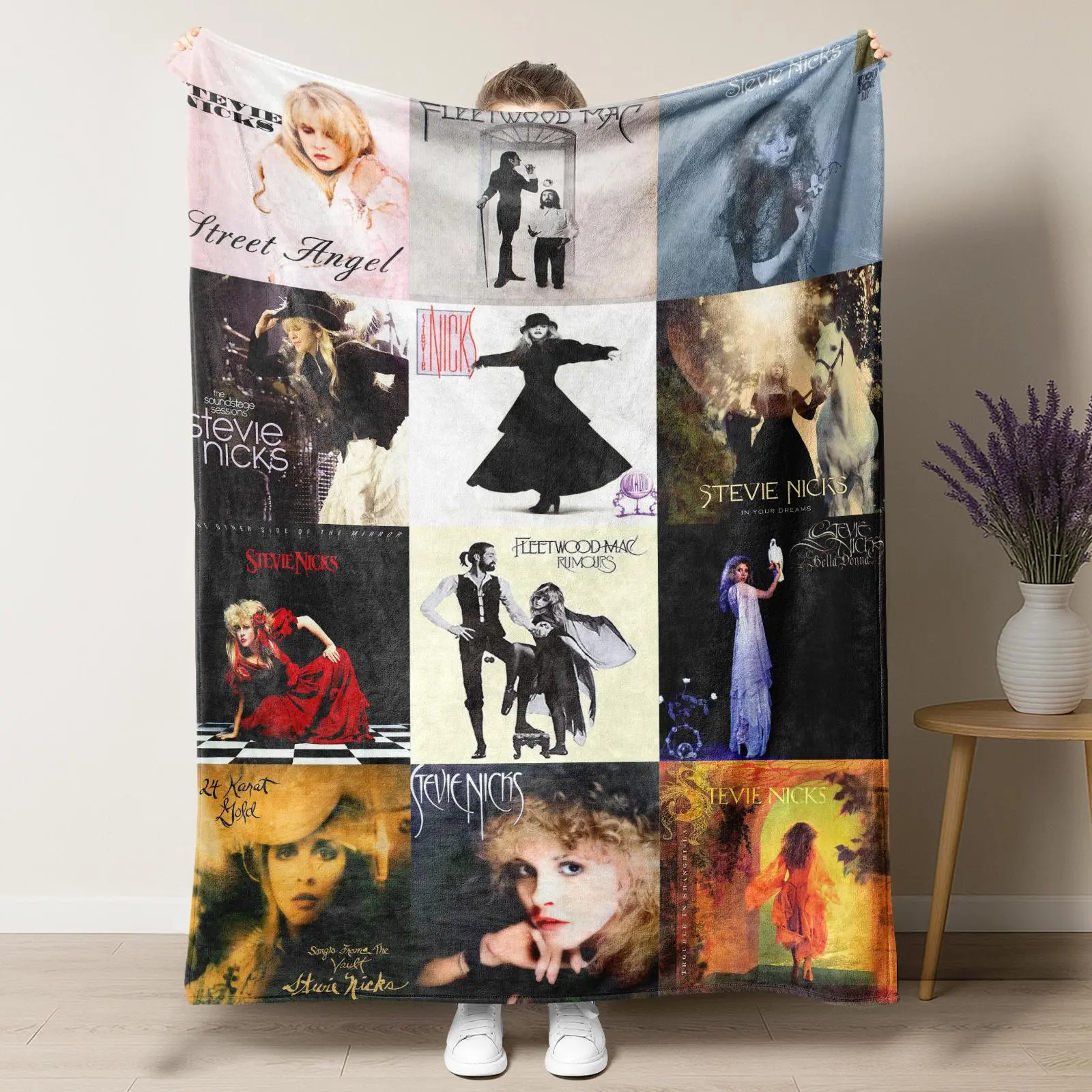 Stevie Nicks & Fleetwood Mac Album Print Collage Blanket - Sister of the Moon Witchy Boho Fleece Throw, Modern 1-Piece Gypsy Rock Goddess Blanket for Fans Gifts, Indoor Use Room Decor All Seasons Textile
