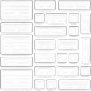 25 PCS Clear Plastic Drawer Organizer Tray, Bathroom Organizers and Storage Bins for Makeup, Kitchen Utensils, Jewelries, Gadgets, Office Desk