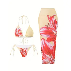 Zaful Lady Sexy 3-Piece Bikini, Halter Lily Print Bikini Suit, with Sun Protection Maxi Skirt