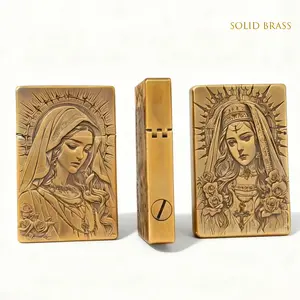 Solid Brass Monoblock Lighter – Dual-Sided 3D Embossed Virgin Mary, Antique Finish, Heavyweight Collectible, No Fluid