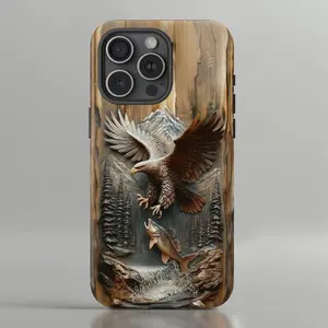 Eagle Fishing Faux Wood Print Phone Case, Wildlife Scene with Mountains & Forest. Suitable for Iphone 11/12/13/14/15/16/17 Pro Promax Plus Air